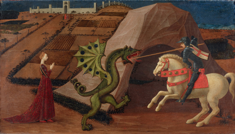 Fra Angelico et les maîtres de la lumière : Paolo Uccello. Saint Georges terrassant le dragon. Vers 1440, tempera sur bois, 62,6 x 102 cm.  Musée Jacquemart-André. 
